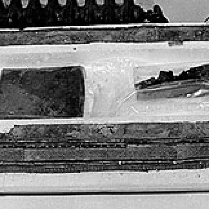 Ražené lišty a výzdoba dolní části na polystyrenové podložce simulující uhnilé dřevo relikviáře. Březen 1991.